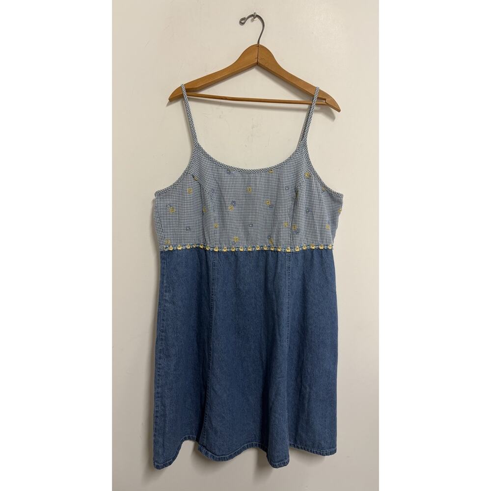 VTG 90’s Denim Sun Dress Embroidered Daisy Gingham Amanda Lee Size 20 XL 40W